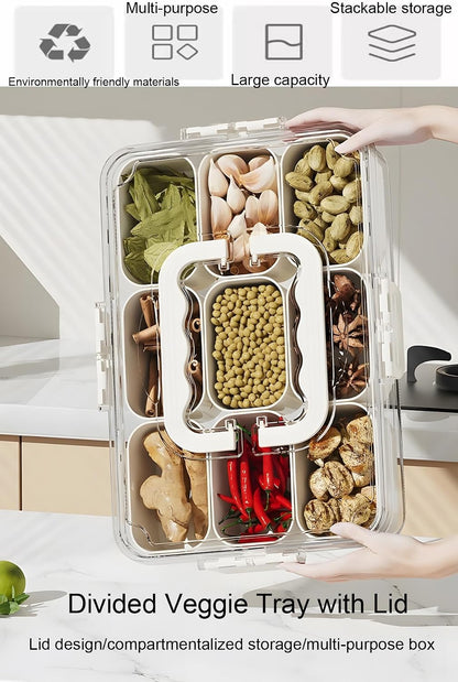 Divided Serving Tray with Lid and Handle - 9 Compartment Snack Box Container Portable Storage Organizer Container for Fruit, Candy, Veggie, Nuts, Spices& Snacks, Perfect for Party, Travel& Picnic