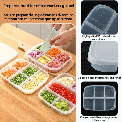 Divided Vegetable Tray with Lid，5 Compartments + 6 Compartments Snack Box - Clear Refrigerator Organizer - Plastic Food Storage Containers for Snacks, Fruits, Vegetables, Salads and Meat（4Pcs