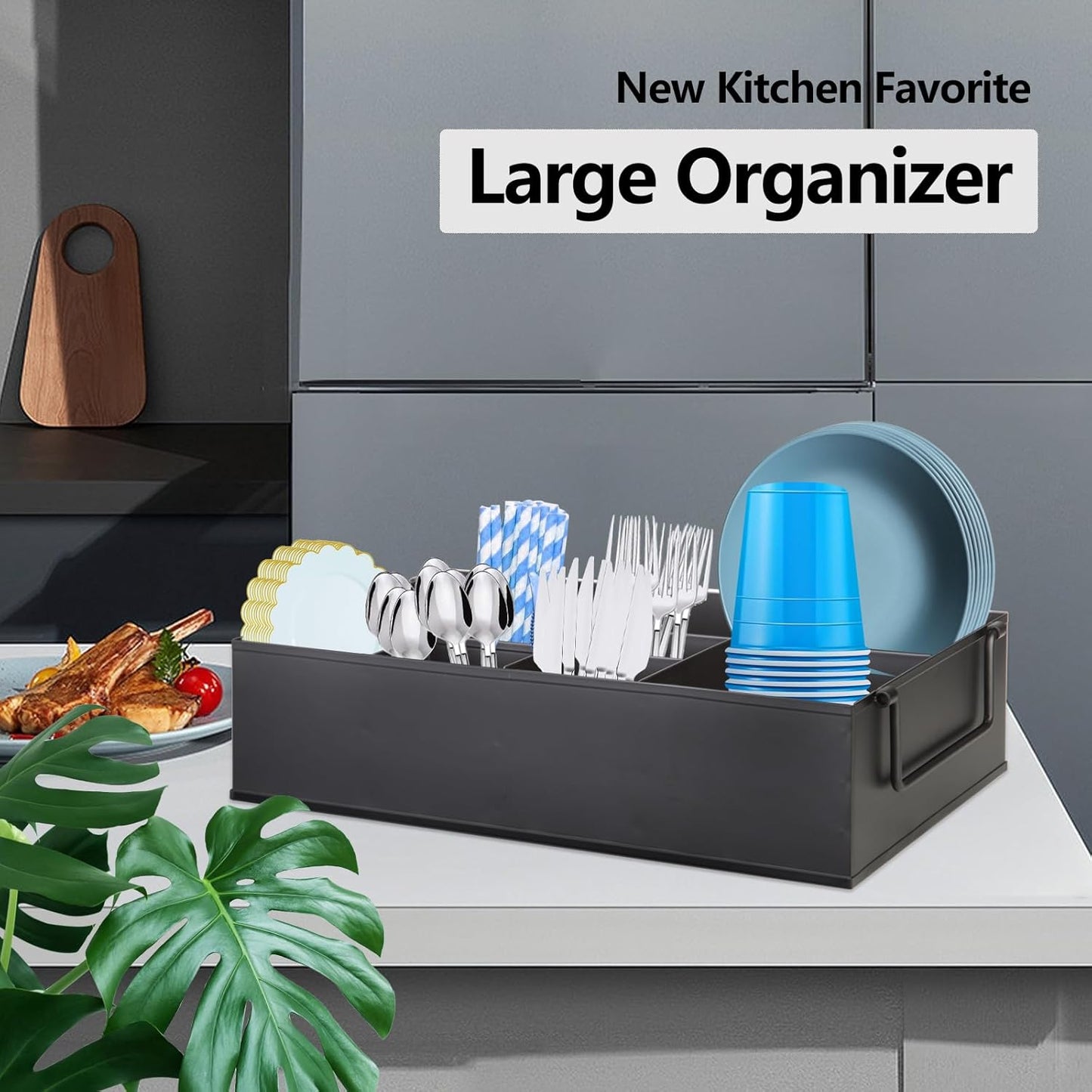 NelyBet Paper Plate Dispenser Holders Utensil Caddy for Countertop,Outdoor Silverware Caddy, Picnic and Camping Utensil Holder, Flatware Organize with Handle for Party Gatherings, Metal (Black)