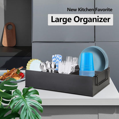 NelyBet Paper Plate Dispenser Holders Utensil Caddy for Countertop,Outdoor Silverware Caddy, Picnic and Camping Utensil Holder, Flatware Organize with Handle for Party Gatherings, Metal (Black)