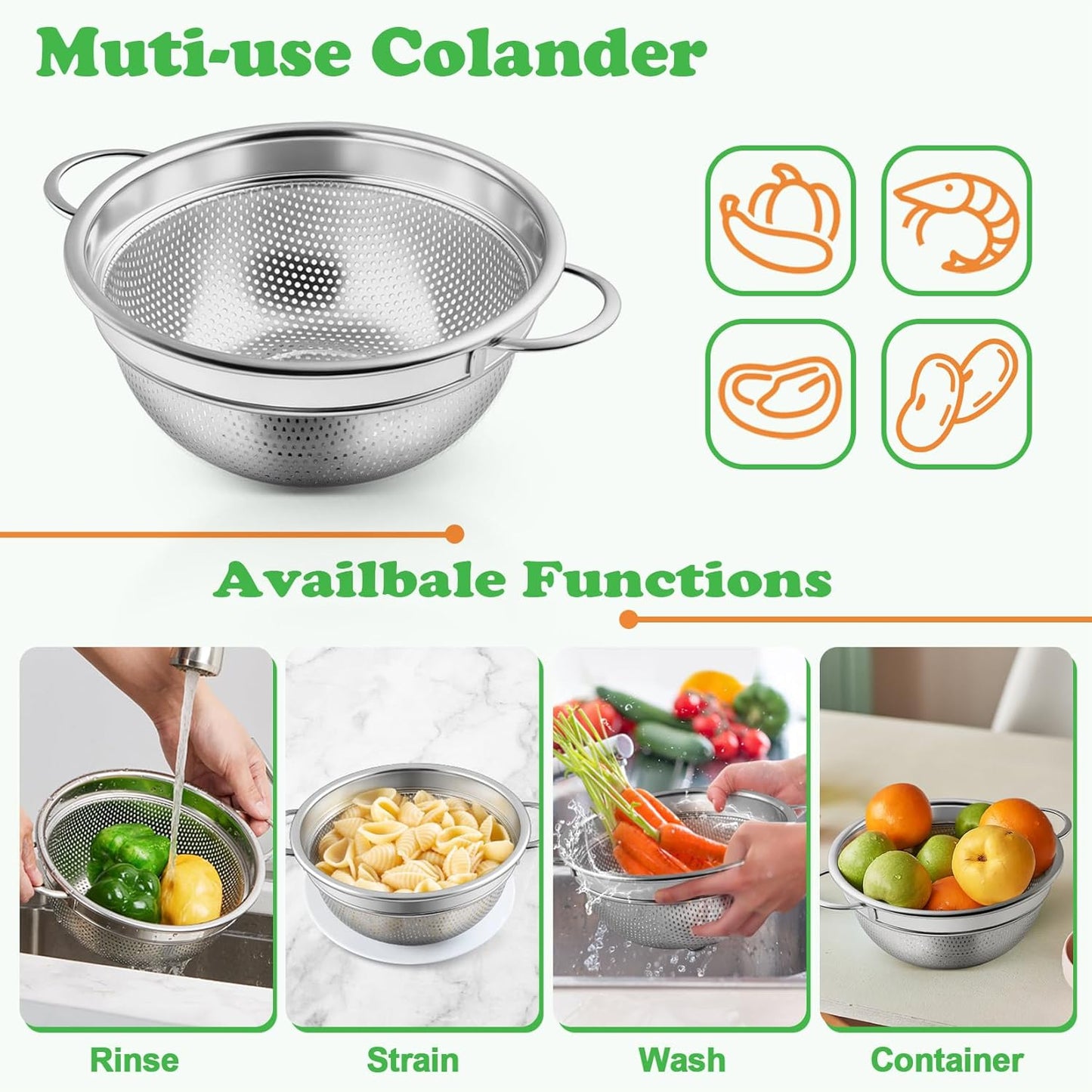 P&P CHEF Colander Strainer Stainless Steel 3 Quart, Metal Micro-Perforated Colander for Kitchen Food, Ideal for Rinsing Washing Draining, Dishwasher Safe, Shiny Silver, 2PCS