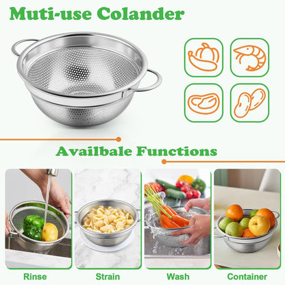P&P CHEF Colander Strainer Stainless Steel 3 Quart, Metal Micro-Perforated Colander for Kitchen Food, Ideal for Rinsing Washing Draining, Dishwasher Safe, Shiny Silver, 2PCS