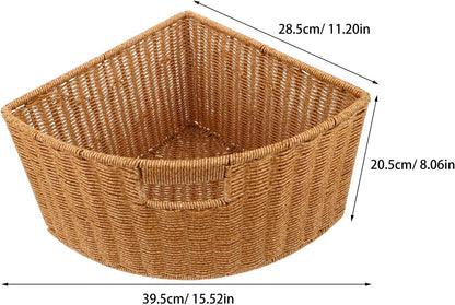 Woven Triangle Corner Storage Basket: Plastic Rattan Triangle Laundry Basket Organizer Bin with Handles for Shelf, Space Saving Triangular Container for Bathroom Bedroom Countertop and Kitchen Cabinet