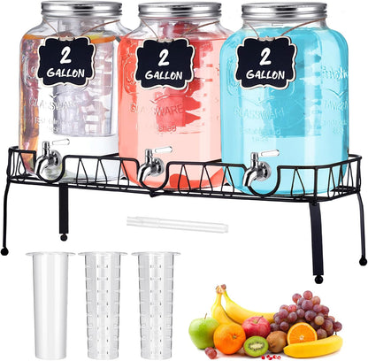 Lallisa 3 Pcs 2 Gallon Glass Drink Dispenser with Stand and Lid Mason Jar Beverage Dispenser with Stainless Steel Spigot, Hanging Chalkboard Signs, Fruit Infuse, Ice Cylinder, Liquid Pen (Black)