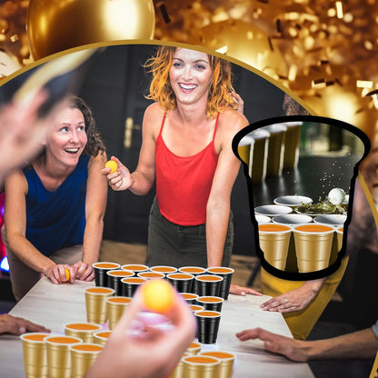 Roshtia 100 Pack 2 oz Plastic Shot Cups, Mini Disposable Shot Glasses 2 oz Wedding Party Cups for Bridal Shower Wedding Party, Beer Taste Serving, Snacks(Black, Gold)