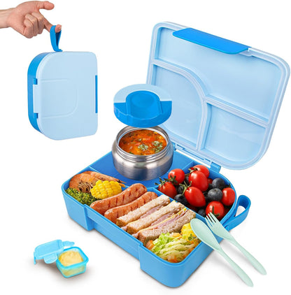 TinyPalsa Bento Box for Kids with 10oz Insulated Food Jar, Leak-Proof Kids Lunch Box with Thermal Food Container, 3 Compartments, Portable Handle, Dishwasher Safe, Ideal for School & Travel (Black)