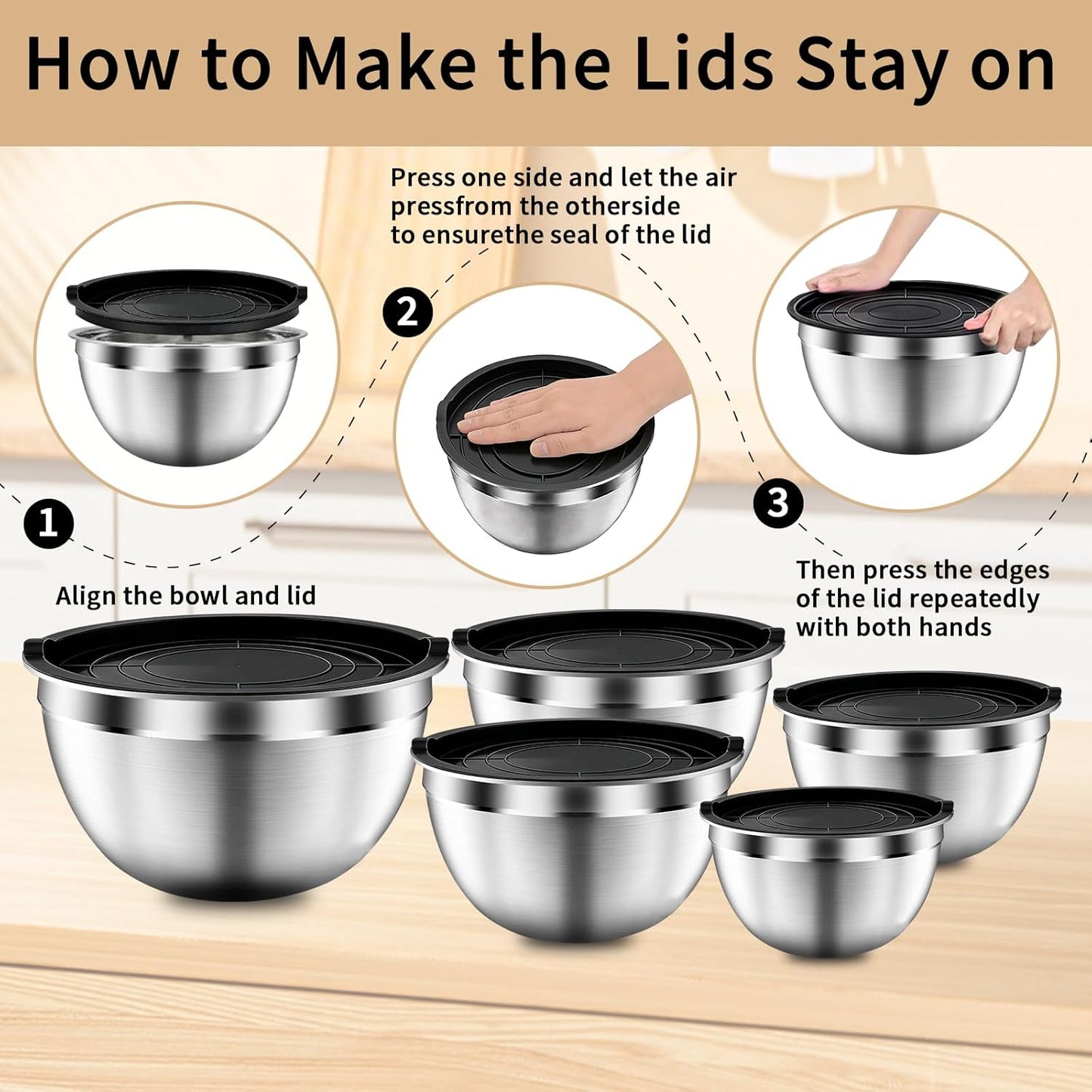 Mixing Bowls with Airtight Lids Set, 5 PCS Stainless Steel Khaki Nesting Bowls for Kitchen, Large Prep Metal Mixing Bowls for Kitchen, 5.5/4/3.5/2/1.5 QT for Mixing & Serving