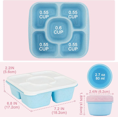 Original Lunchable Snack Containers - 5 Compartments Bento Snack Boxes with 1 Leakproof Small Containers, Wheat Straw, BPA-Free, Set of 2 (Bule+Pink)