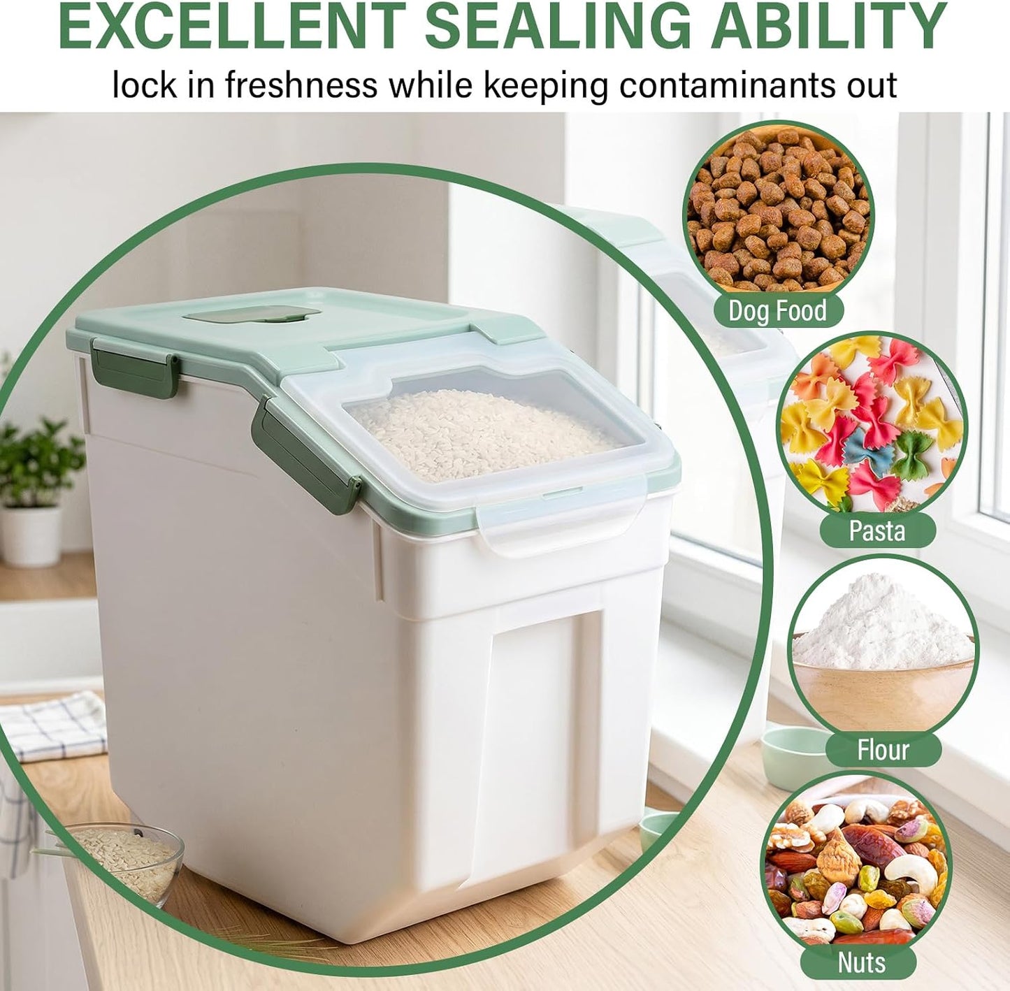 Umigy 4 Pcs 55lbs Large Dog Food Storage Container Rice Flour Bin Plastic Boxes with Measuring Cup Airtight Flour Grain Cereal Sugar Storage Container with Locking Lid and Wheels