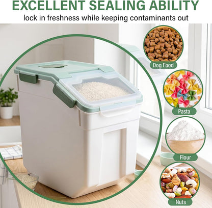 Umigy 4 Pcs 55lbs Large Dog Food Storage Container Rice Flour Bin Plastic Boxes with Measuring Cup Airtight Flour Grain Cereal Sugar Storage Container with Locking Lid and Wheels