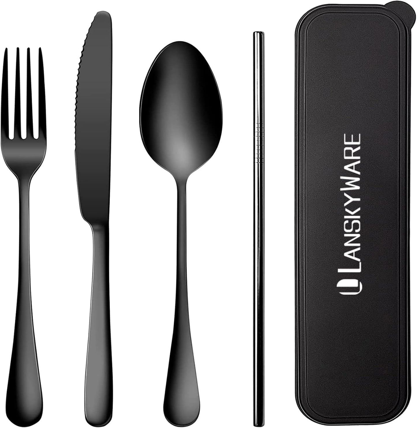 Portable Travel Utensils Set, 18/8 Stainless Steel 3 PCS Cutlery Set Including Knife Fork and Spoon, Reusable Travel Silverware Set with Case for Lunch Box Camping School Office