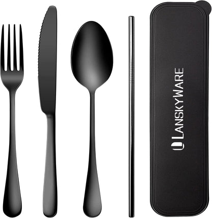 Portable Travel Utensils Set, 18/8 Stainless Steel 3 PCS Cutlery Set Including Knife Fork and Spoon, Reusable Travel Silverware Set with Case for Lunch Box Camping School Office