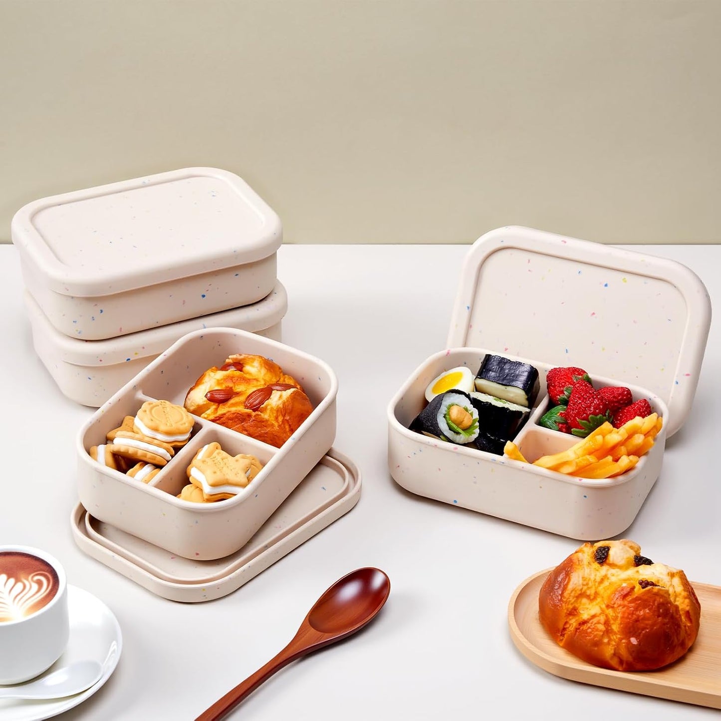 Honeydak 6 Pcs Silicone Bento Box Reusable Silicone Bento Lunch Container for Adults Microwave Dishwasher Freezer Safe 3 Compartment (Light Colors)