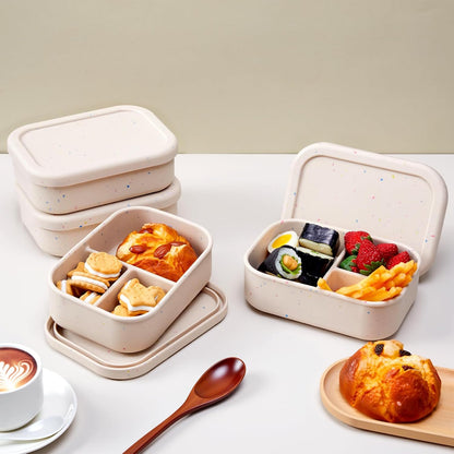 Honeydak 6 Pcs Silicone Bento Box Reusable Silicone Bento Lunch Container for Adults Microwave Dishwasher Freezer Safe 3 Compartment (Light Colors)