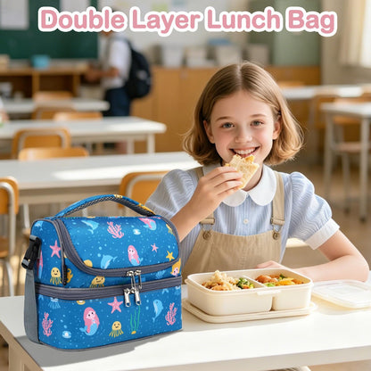 FlowFly Kids Double Decker Cooler Insulated Lunch Bag Large Tote for Boys, Girls, Men, Women, With Adjustable Strap, Unicorn
