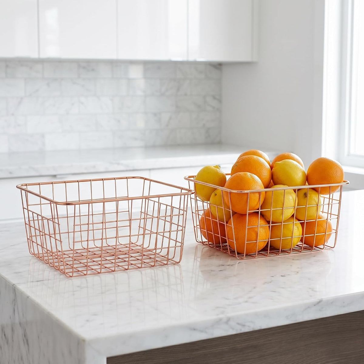 Jucoan 4 Pack Metal Wire Storage Baskets, Rose Gold Wire Baskets with Handles, Pantry Organizer Storage Bins for Kitchen, Freezer, Closet, Laundry Room, Cabinets
