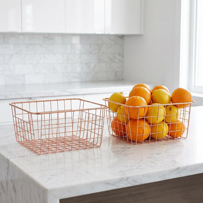 Jucoan 4 Pack Metal Wire Storage Baskets, Rose Gold Wire Baskets with Handles, Pantry Organizer Storage Bins for Kitchen, Freezer, Closet, Laundry Room, Cabinets