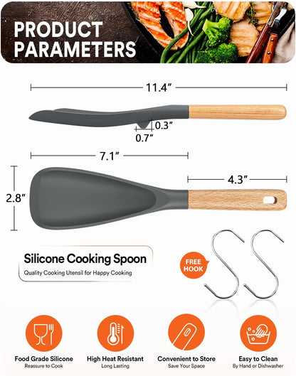 Cooking Spoon for Nonstick Cookwares, Great for Cooking and Serving Sturdy BPA-Free Matte Silicone, Wood Handle Spoon for Mixing, Scoop, and Scrape (Black & Grey, 11.4 inch)
