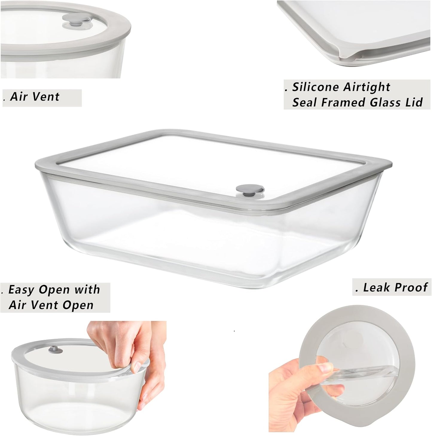 Glass Food Containers with Glass Lid, Microwave Safe Food Storage Container Set, 4 Pack of 35oz, Large Size Airtight Storage Set with Leak Proof Lids, Meal Prep Containers