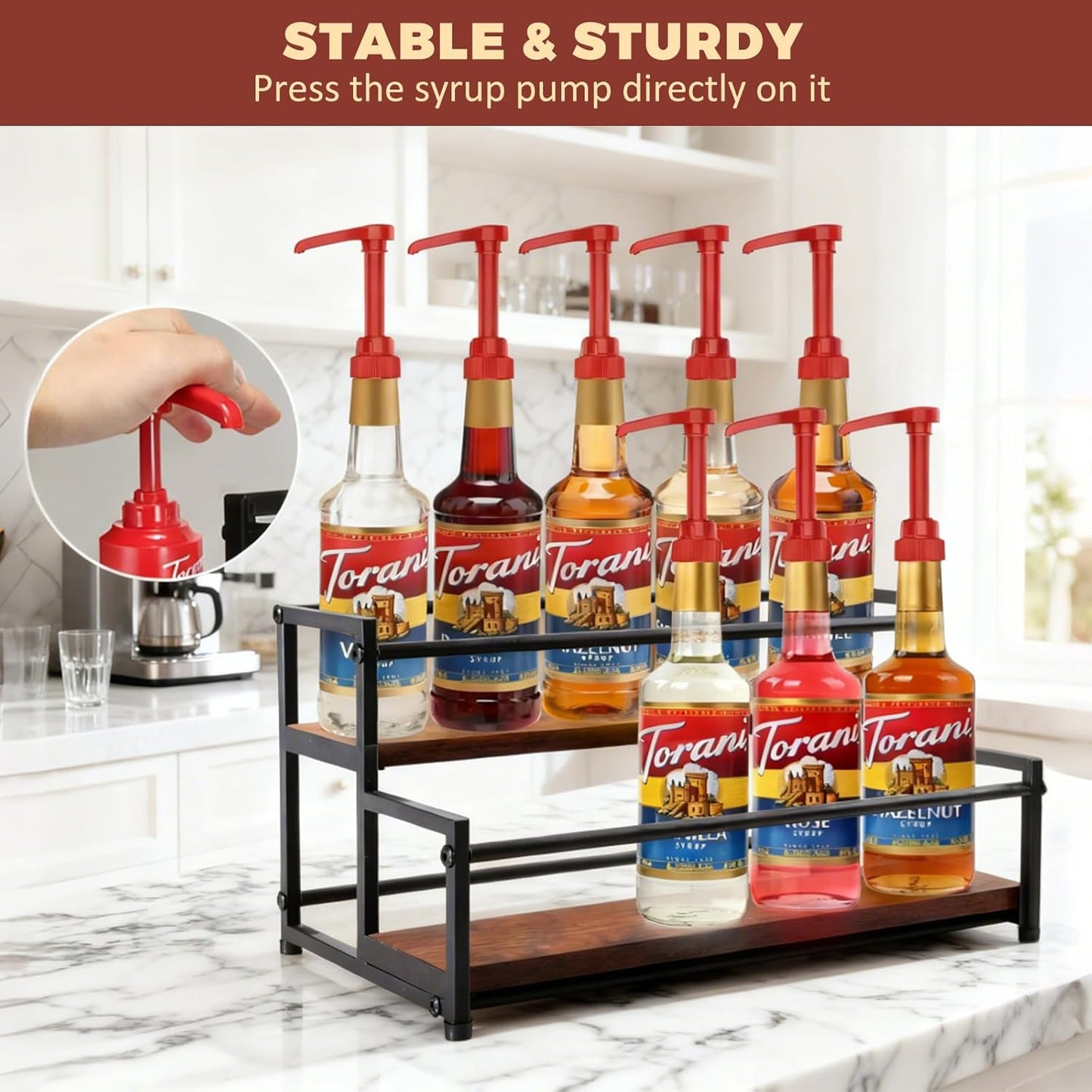 Countertop Liquor Bottle Organizer Shelf, 3-Tier | Rustic Display Rack, For Wine & Coffee Syrups, Freestanding Bar and Kitchen Storage, Easy-Carry Handles