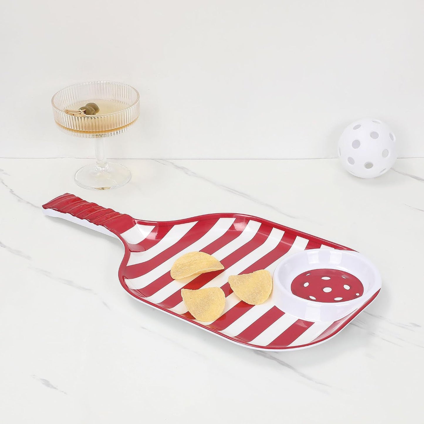 UPware Watermelon Melamine Chip and Dip Snack Tray, Summer Fruit Pickleball Paddle Shape Platter for Chips, Salsa, Fruits, and Appetizers, 15.75 x 8 Inch