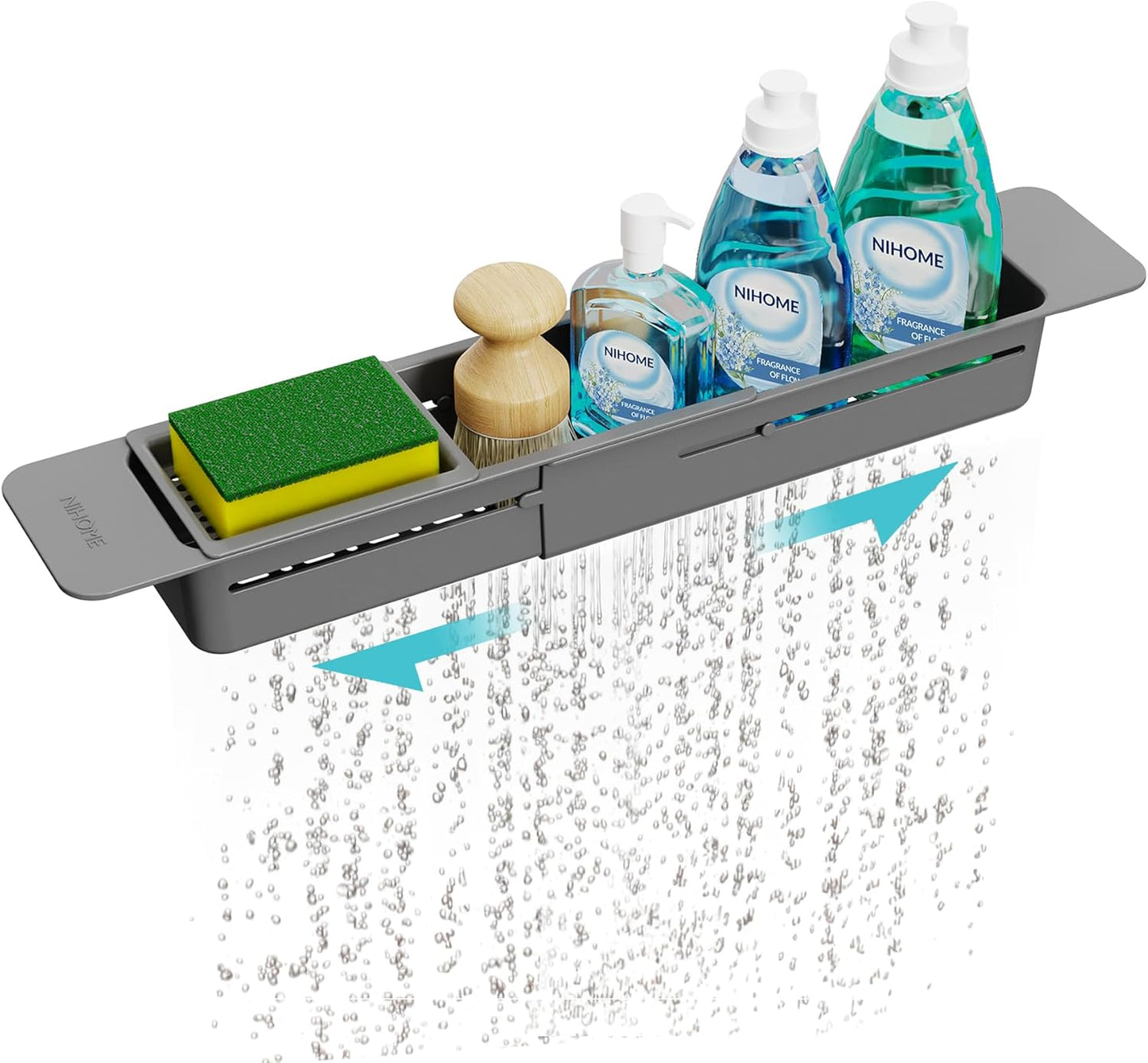 NiHome Extendable Over Sink Kitchen Organizer, Small Telescopic Brush Storage Rack for Sponge, Non-Slip Pads Expandable Sink Caddy, Adjustable Sponge/Brush Rack with Drainage Durable ABS (Dark Gray)