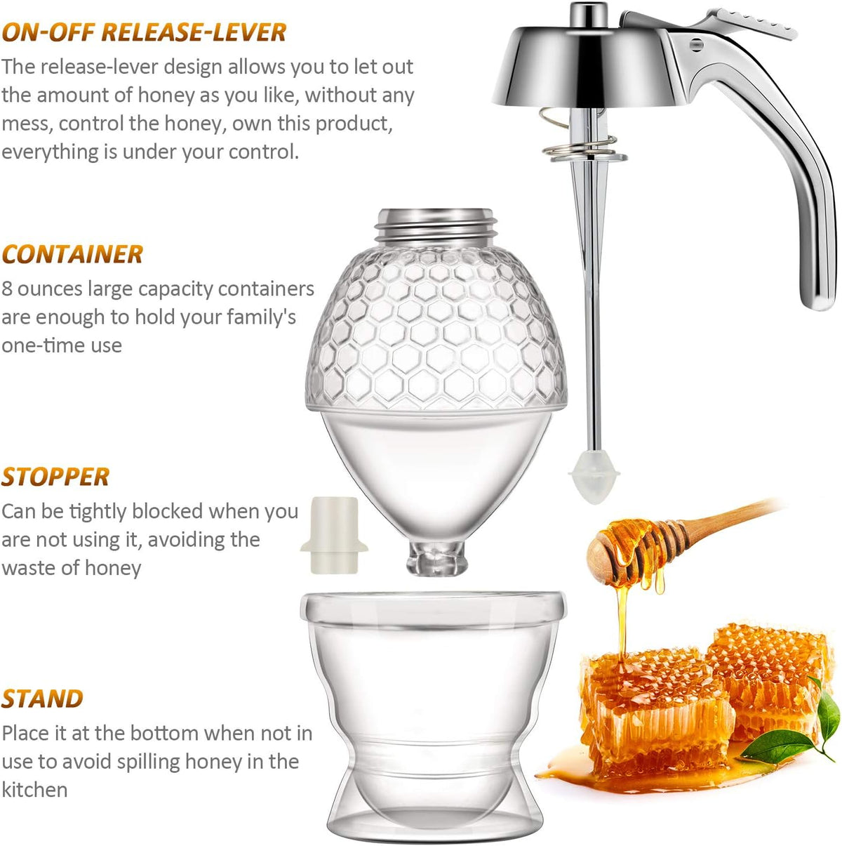 Boao Acrylic Honey Dispenser with Stand Comb Shaped Honey Pot, No Drip Syrup and Sugar Jar Pot with High Capacity Pourer Dispenser