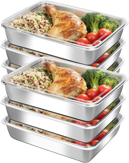 6-Pack Stainless Steel Food Storage Containers with ClearLids - Stackable Metal Meal Prep Boxes for Lunches, Leftovers & Kitchen Organization, BPA-Free & Dishwasher Safe（73oz/10X7.68X2.1）
