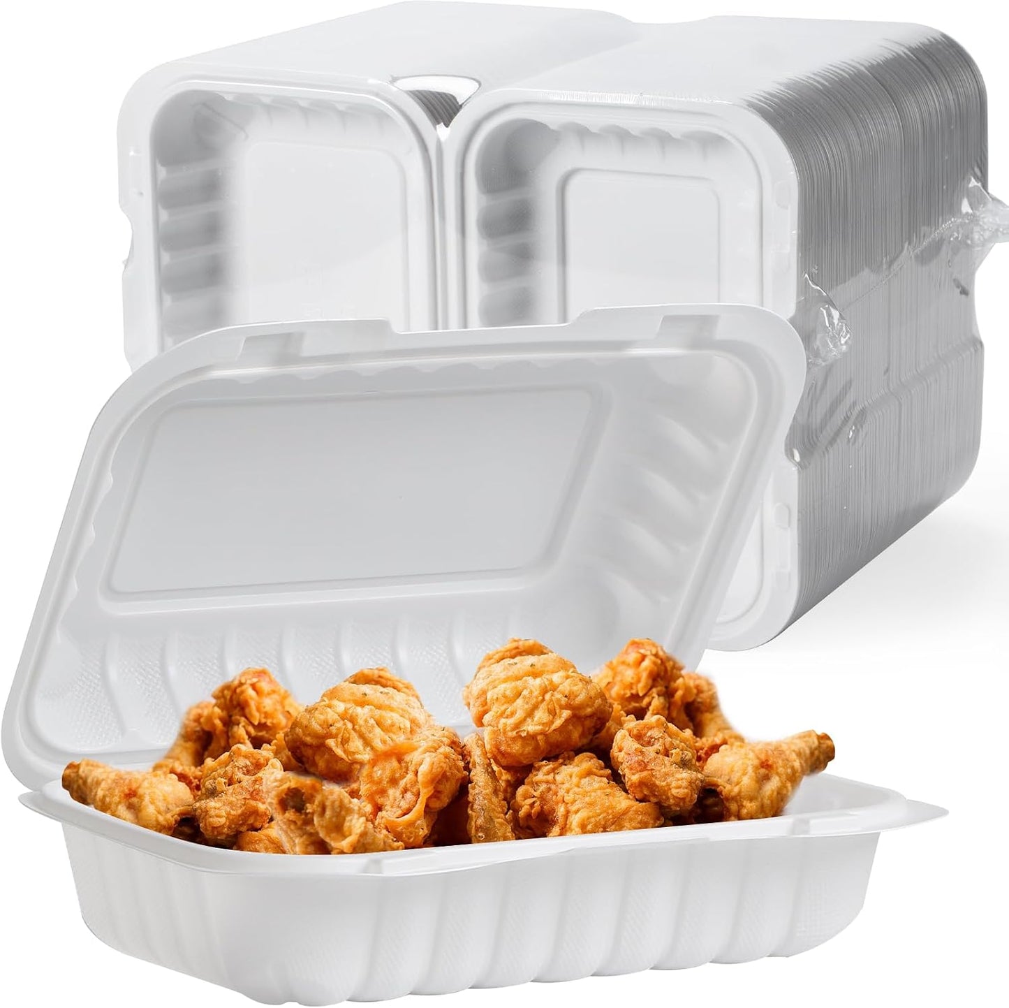 Food Containers 7.8" 30 oz 65 Pack - BPA Free Mineral Filled PP Plastic | 3 Compartment Shrink Wrap Clamshell Stackable | Reusable Freezer & Microwave Safe | White Commercial Takeout Boxes