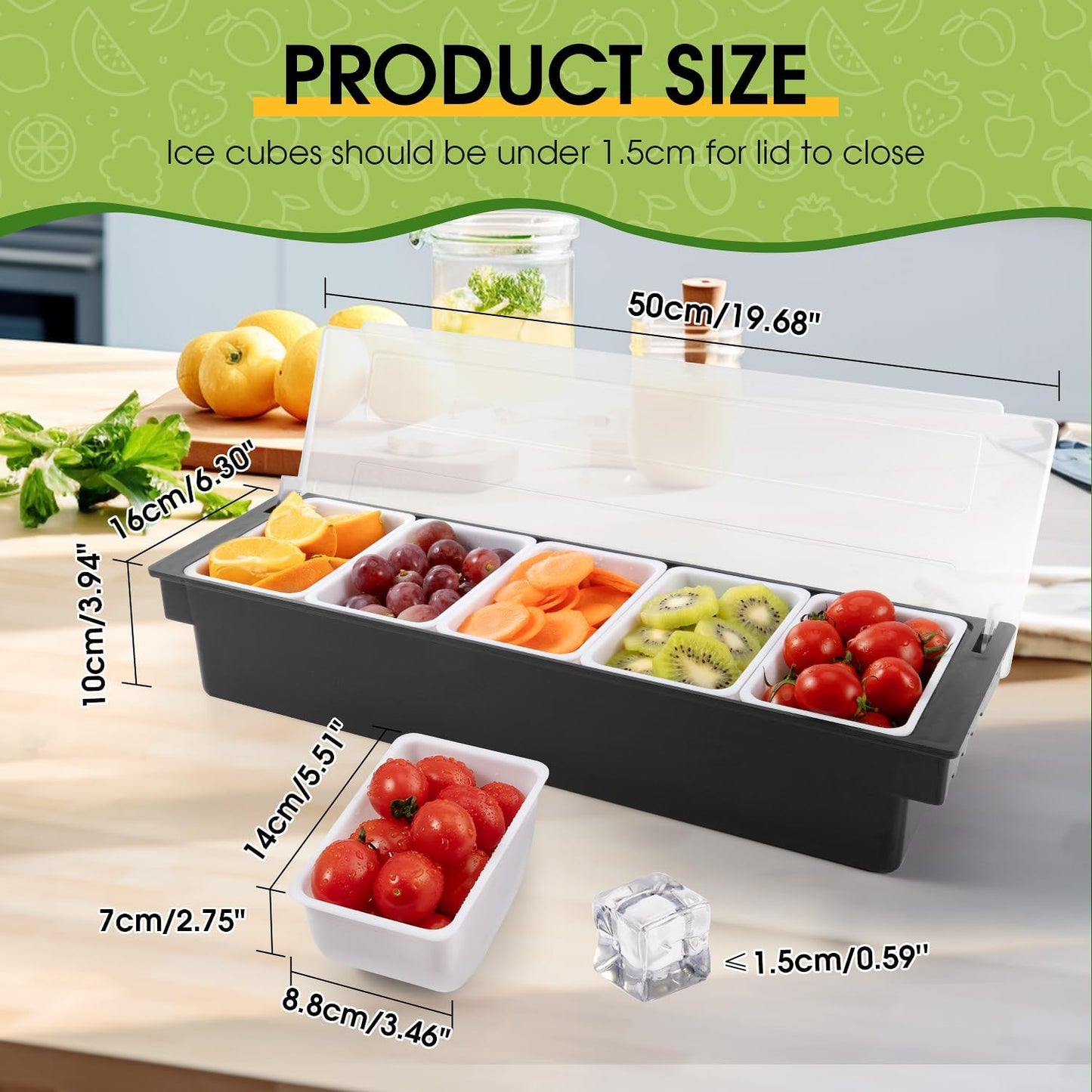 Ice Cooled Condiment Serving Container Fruit Veggie Condiment Caddy Plastic Garnish Station with Lid for Fruit,Ice Cream,Salad Bar-Topping Organizer for Restaurant Supplies (3 Compartments)