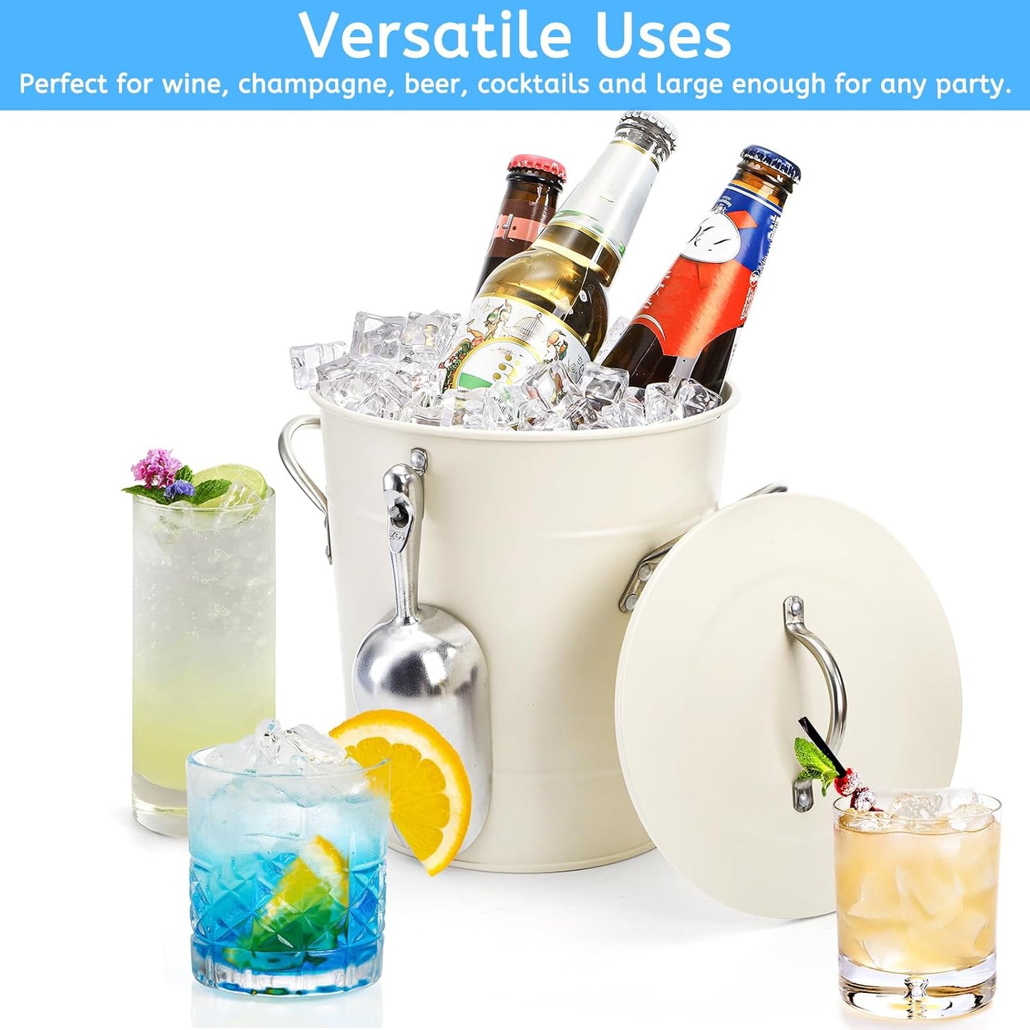 YOUEON 4L Ice Bucket with Scoop and Lid, Double Walled Insulated Wine Bucket Chiller with Carry Handles, Beverage Tub for Cocktail Party, Camping, BBQ, Indoor & Outdoor Use, White