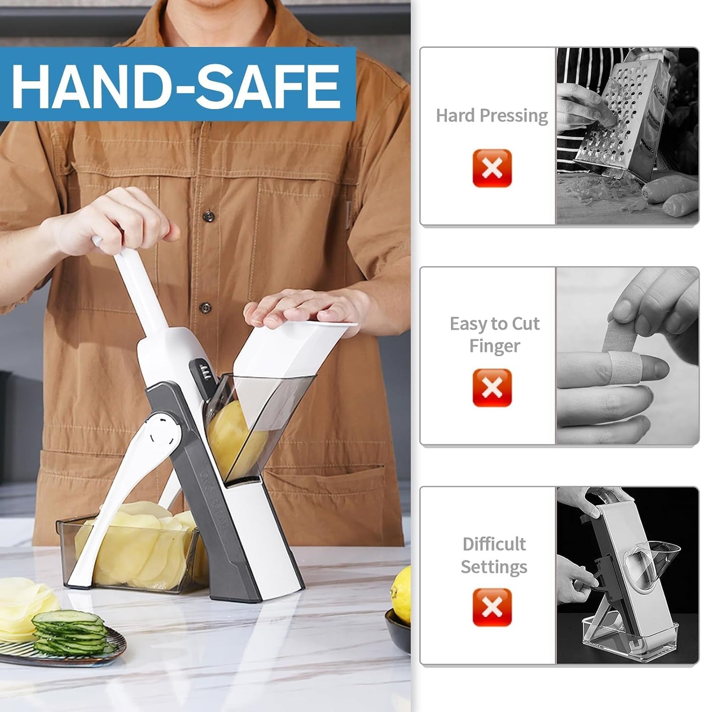 Safe Mandoline Slicer for Kitchen, Meal Prep,Potato Slicer, Adjustable/Easy to Clean/Storage, Kitchen Chopping Artifact,French Fry Cutter,Paring Knife/Cleaning Brush (only Slice, Black Knight)