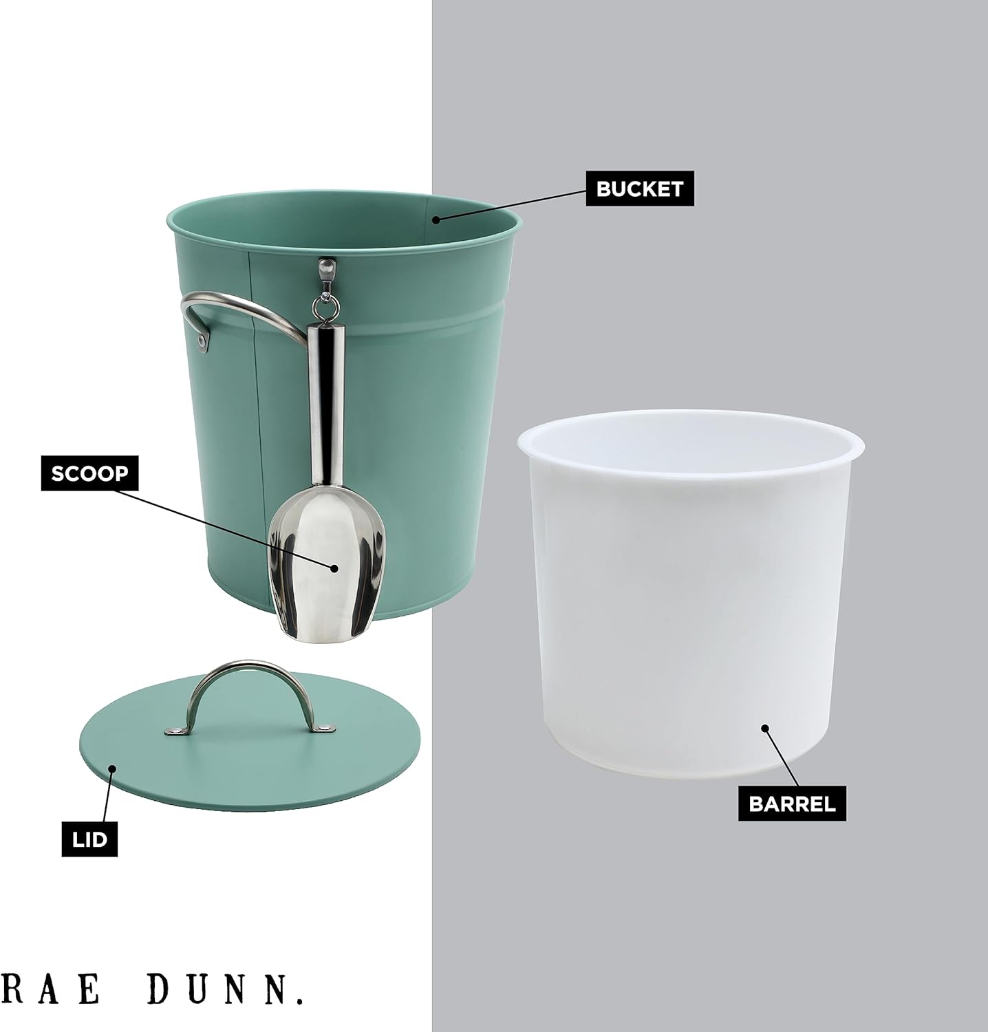 Rae Dunn Ice Bucket with Scoop - Stainless Steel Bucket with Handle, Lid and Ice Scooper - 4 Qt. Storage Bin for Ice Cubes for Bars, Parties, Backyard Barbeques, Picnics, and Camping (Black)