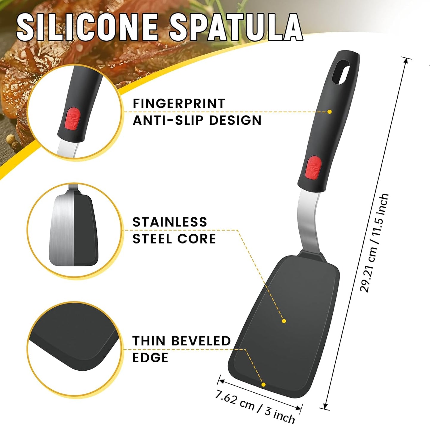 Silicone Spatula Set, Heat Resistant Solid & Slotted Turner for Non-Stick Pans, Silicone Cooking Utensils Set, BPA-Free, Flexible Spatula Turner for Flipping Eggs, Burgers, Pancakes, Black, 3 PCS-A