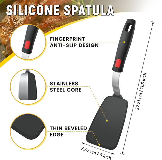 Silicone Spatula Set, Heat Resistant Solid & Slotted Turner for Non-Stick Pans, Silicone Cooking Utensils Set, BPA-Free, Flexible Spatula Turner for Flipping Eggs, Burgers, Pancakes, Black, 3 PCS-A