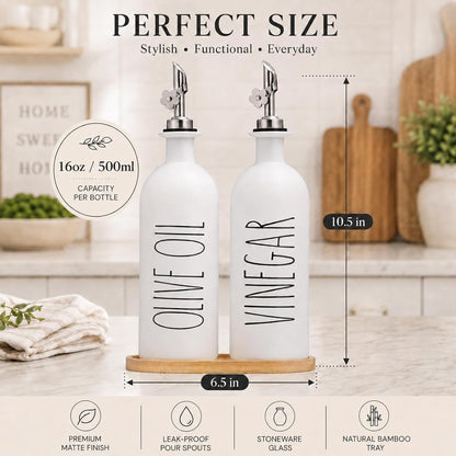HOMCDALY Premium Olive Oil Dispenser for Kitchen, 11.8oz Glass Oil Bottles with Bamboo Tray, White Oil&Vinegar Cruet Set, Kitchen Dispenser Bottles with Pourer| Set of 2 (11.8oz –P–White)
