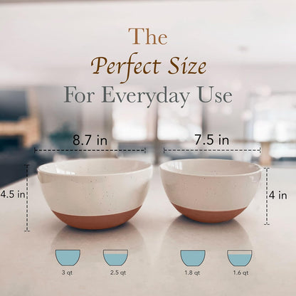 Mora Ceramic Large Mixing Bowls - Set of 2 Nesting Bowls for Cooking, Serving, Popcorn, Salad etc - Microwavable Kitchen Stoneware, Oven, Microwave and Dishwasher Safe - Extra Big 2.5 & 1.6 Qt - White