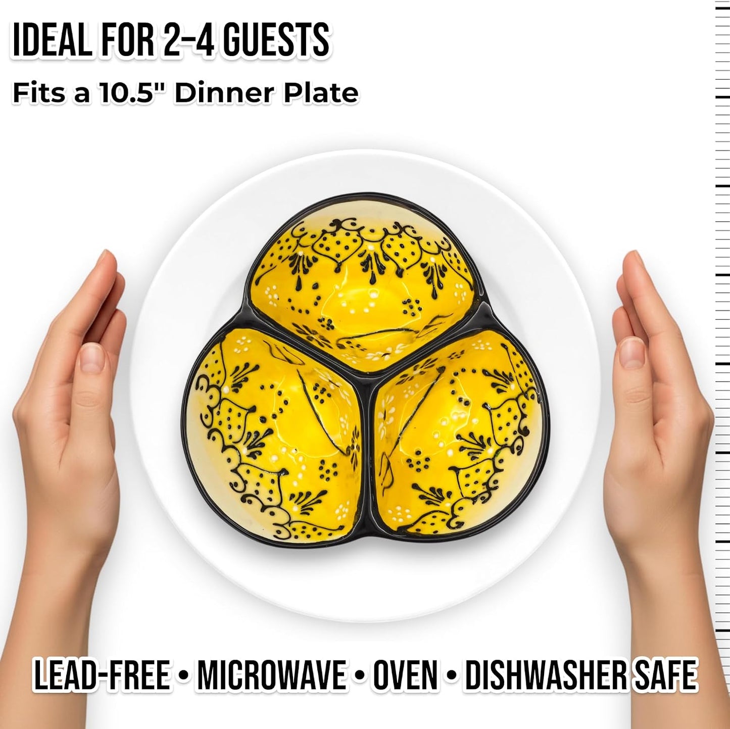 Ceramic Chip & Dip Bowl 7.5”, 3-Compartment Divided Serving Dish & Condiment Tray for Appetizers – Handmade in Spain, Lead-Free Glaze, Microwave, Oven & Dishwasher Safe