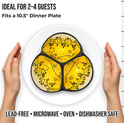 Ceramic Chip & Dip Bowl 7.5”, 3-Compartment Divided Serving Dish & Condiment Tray for Appetizers – Handmade in Spain, Lead-Free Glaze, Microwave, Oven & Dishwasher Safe