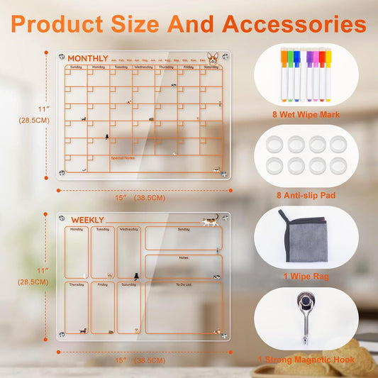Magnetic Acrylic Clear Fridge Calendar Planner Note Board Set for Fridge,8Colors Markers,Erase Towel (Clear, Monthly & Weekly)
