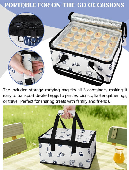 Artcome 2 PC Deviled Egg Storage Containers with Lids, Travel Carrying Bag & Pastry Decorating Kit - Stackable Egg Holder, Portable Platter for Parties, Easter, Picnics and Travel - PP Material