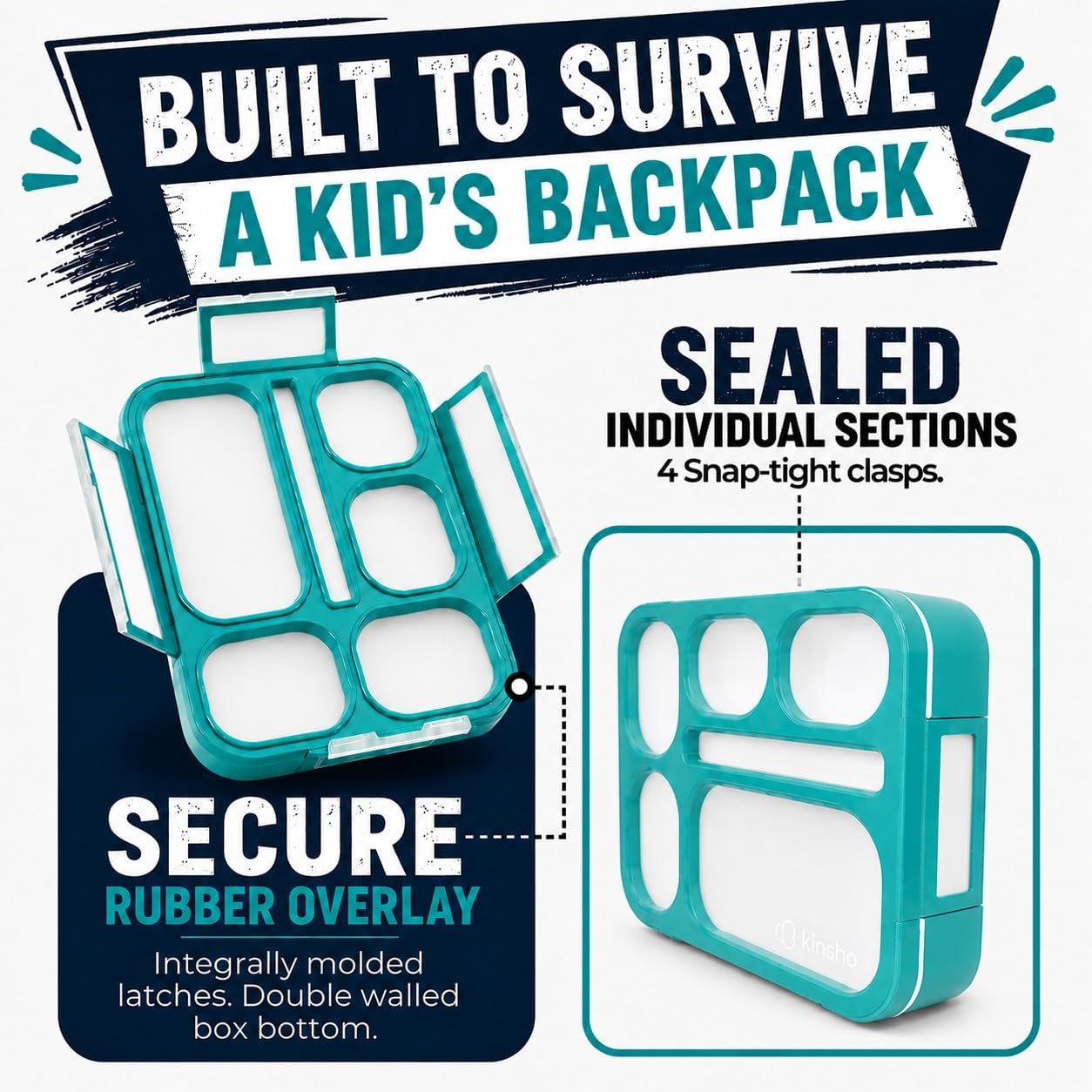 kinsho Lunch Box for Kids Boys Girls - Bento Box Set with Insulated Bag and Ice Pack, 6 Compartment Leak Proof Food Container, BPA-Free, Microwave Safe, Ideal for School & Work, Teal