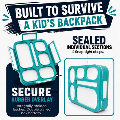 kinsho Lunch Box for Kids Boys Girls - Bento Box Set with Insulated Bag and Ice Pack, 6 Compartment Leak Proof Food Container, BPA-Free, Microwave Safe, Ideal for School & Work, Teal