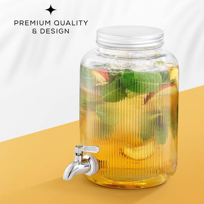1-Gallon Drink Dispenser. Glass Beverage Dispenser with Stainless steel Spigot plus Ice Cylinder and Fruit Infuser! Water Dispenser, Lemonade Stand, Juice Container - Drink Dispensers for Parties