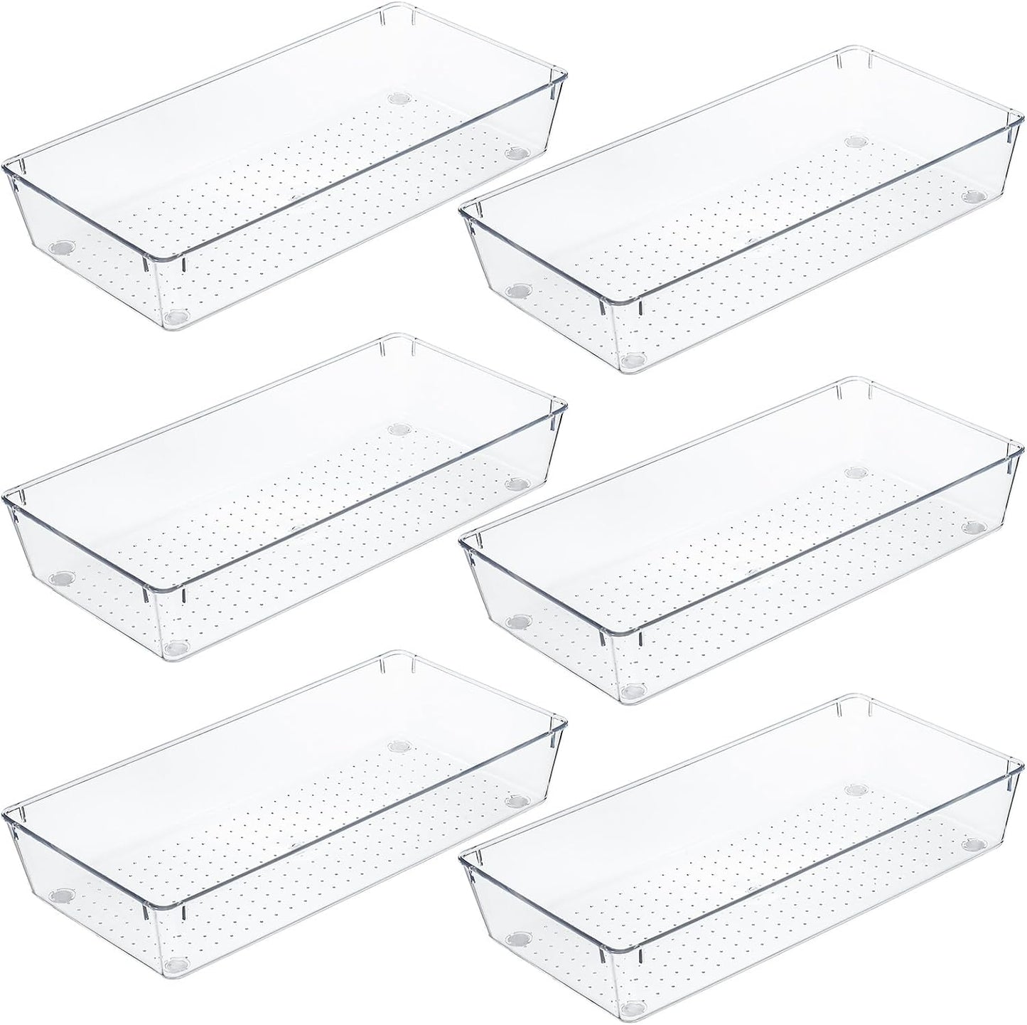 Kingrol 6 Pack 12 x 6 x 2 Inch Clear Drawer Organizer Trays, Desk Drawer Divider Storage Bins, Storage Box Set for Utensils Junks Vanities Makeups Jewelry Office Craft Supplies