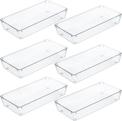 Kingrol 6 Pack 12 x 6 x 2 Inch Clear Drawer Organizer Trays, Desk Drawer Divider Storage Bins, Storage Box Set for Utensils Junks Vanities Makeups Jewelry Office Craft Supplies