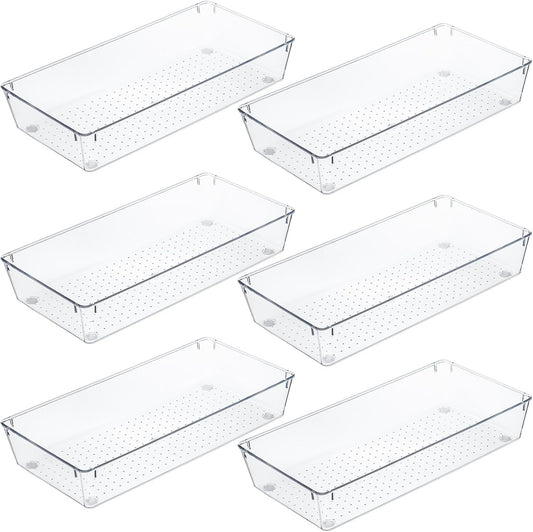 Kingrol 6 Pack 12 x 6 x 2 Inch Clear Drawer Organizer Trays, Desk Drawer Divider Storage Bins, Storage Box Set for Utensils Junks Vanities Makeups Jewelry Office Craft Supplies