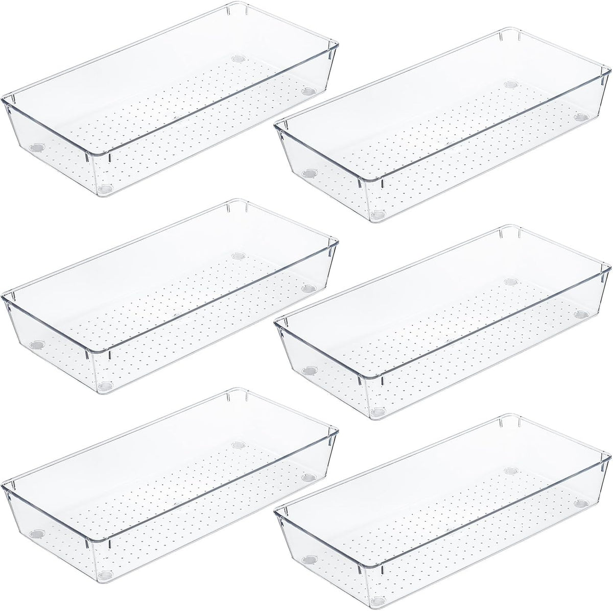 Kingrol 6 Pack 12 x 6 x 2 Inch Clear Drawer Organizer Trays, Desk Drawer Divider Storage Bins, Storage Box Set for Utensils Junks Vanities Makeups Jewelry Office Craft Supplies