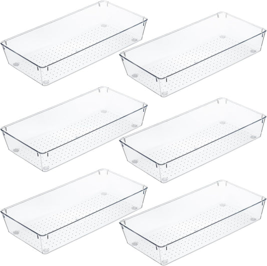 Kingrol 6 Pack 12 x 6 x 2 Inch Clear Drawer Organizer Trays, Desk Drawer Divider Storage Bins, Storage Box Set for Utensils Junks Vanities Makeups Jewelry Office Craft Supplies