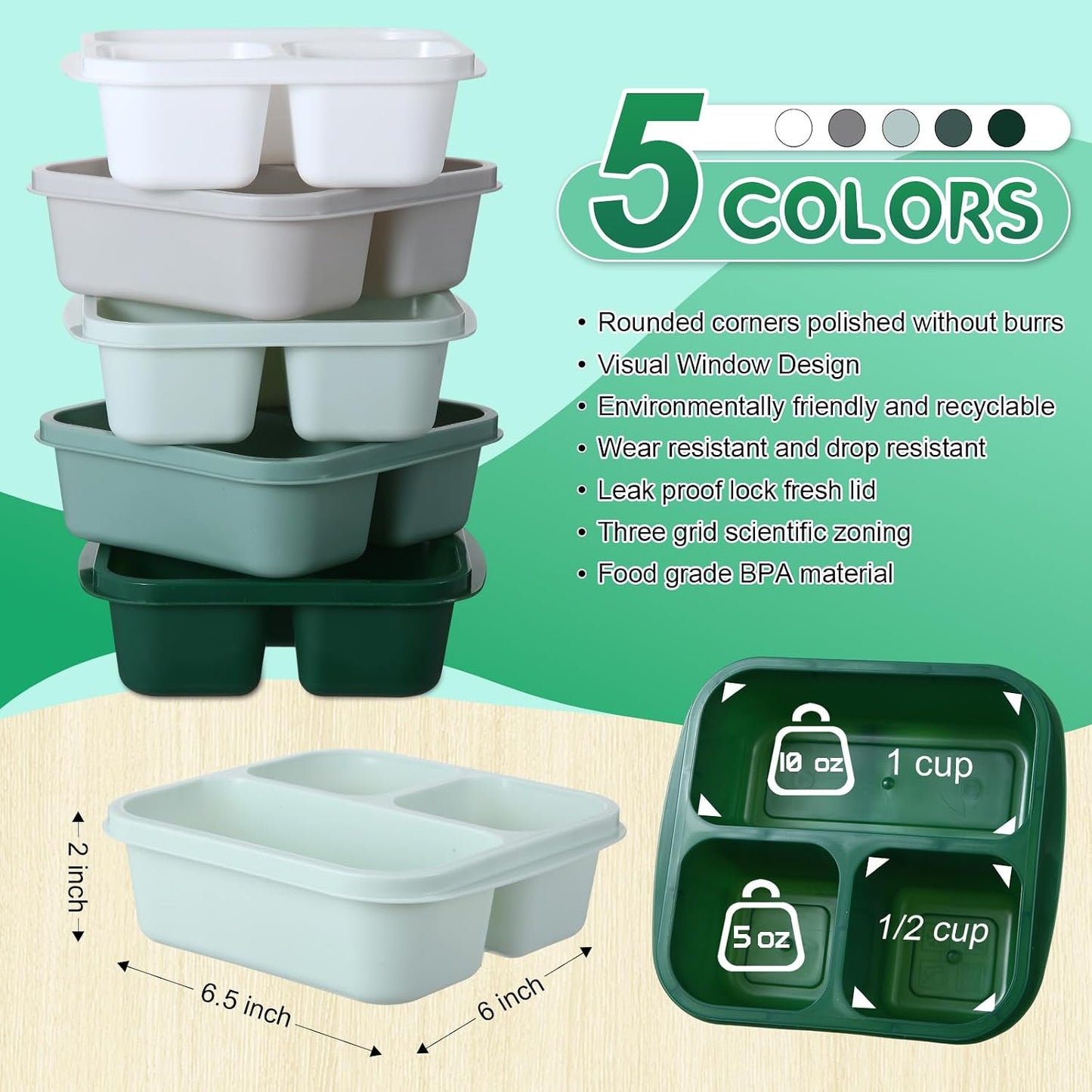 Honeydak 5 Pack Snack Containers 3 Compartment Bento Snack Boxes Divided Meal Prep Containers with Lids Reusable Adults Lunch Food Storage Box for School Work Travel(Elderberry)